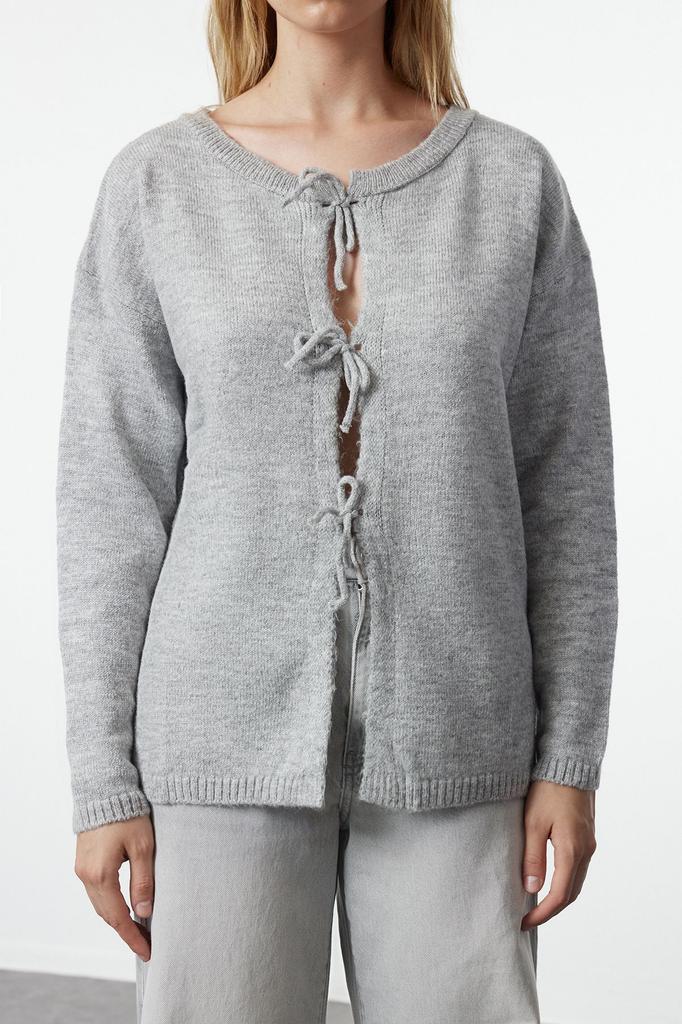 Женский модный стильный свитер цвета индиго, мягкая текстурированная лента с бантом, детальный трикотаж, свитер-кардиган