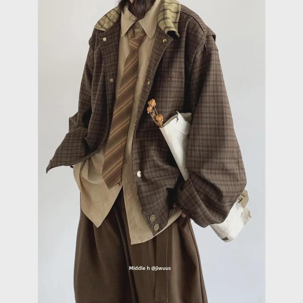 Куртка унисекс в стиле ретро с вышивкой в клетку - осенняя свободная посадка с повседневными лацканами