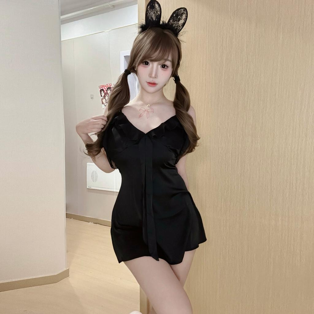 Сексуальное нижнее белье французская сексуальная ночная рубашка глубокий V подтяжки лист лотоса кружево чистое желание ветер бант халтер пижама