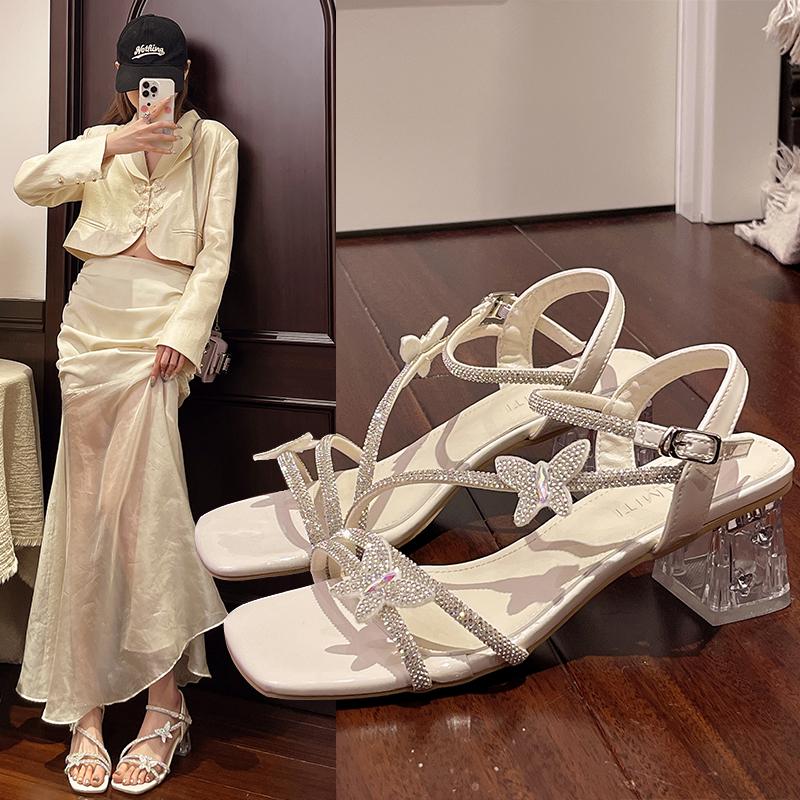 Женские босоножки с открытым носком, синие, со стразами, с пряжкой, на толстом высоком каблуке, гладиаторы со стразами, свадебные туфли