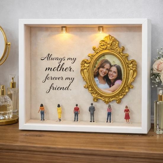 DIY Mini Museum Silhouette Box Personalized Photo Memory Display Case with Gold Frames Figurines Shadow Box Frame Kit with Light Gift for Mother's Day