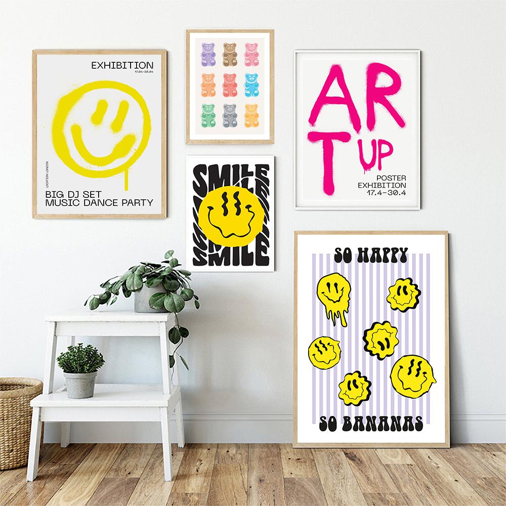 Abstract Smiley Poster Aesthetics Rainbow Bear Print Hippie Doodle Canvas Painting Checkerboard Art Wall Picture Home Room Decor