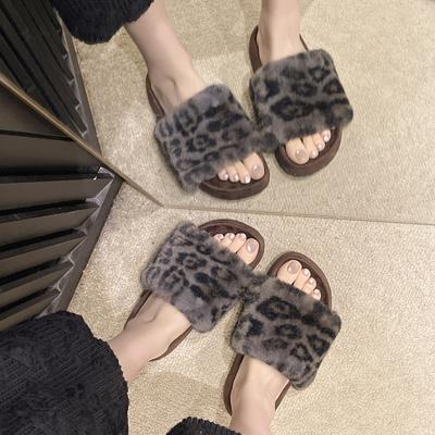 Сказочный ветер леопардовый принт пушистые тапочки женские для улицы 2025 осень новые плюшевые комнатные тапочки с хлопковым мопом