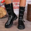 French Temperament Platform Non-slip Rider Boots Winter New Round Toe Zipper Metal Buckle Waterproof Personality Mid-leg Boots