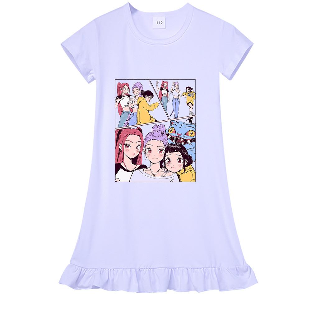 M1238 Kids Girls Kpop Rumi Zoey Mira Print Short Sleeves Ruffle Dress