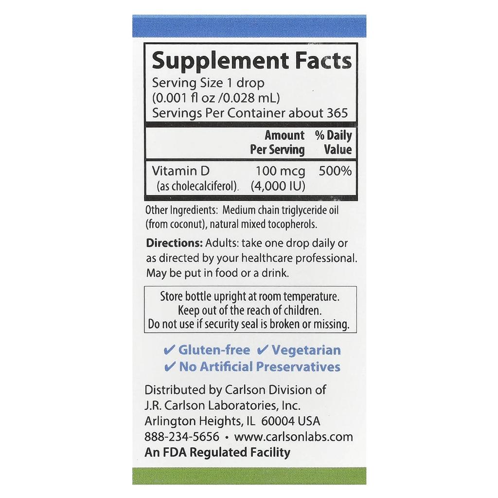 Carlson, Super Daily® D3, 100mcg(4,000IU), 10.3ml(0.35fl oz)