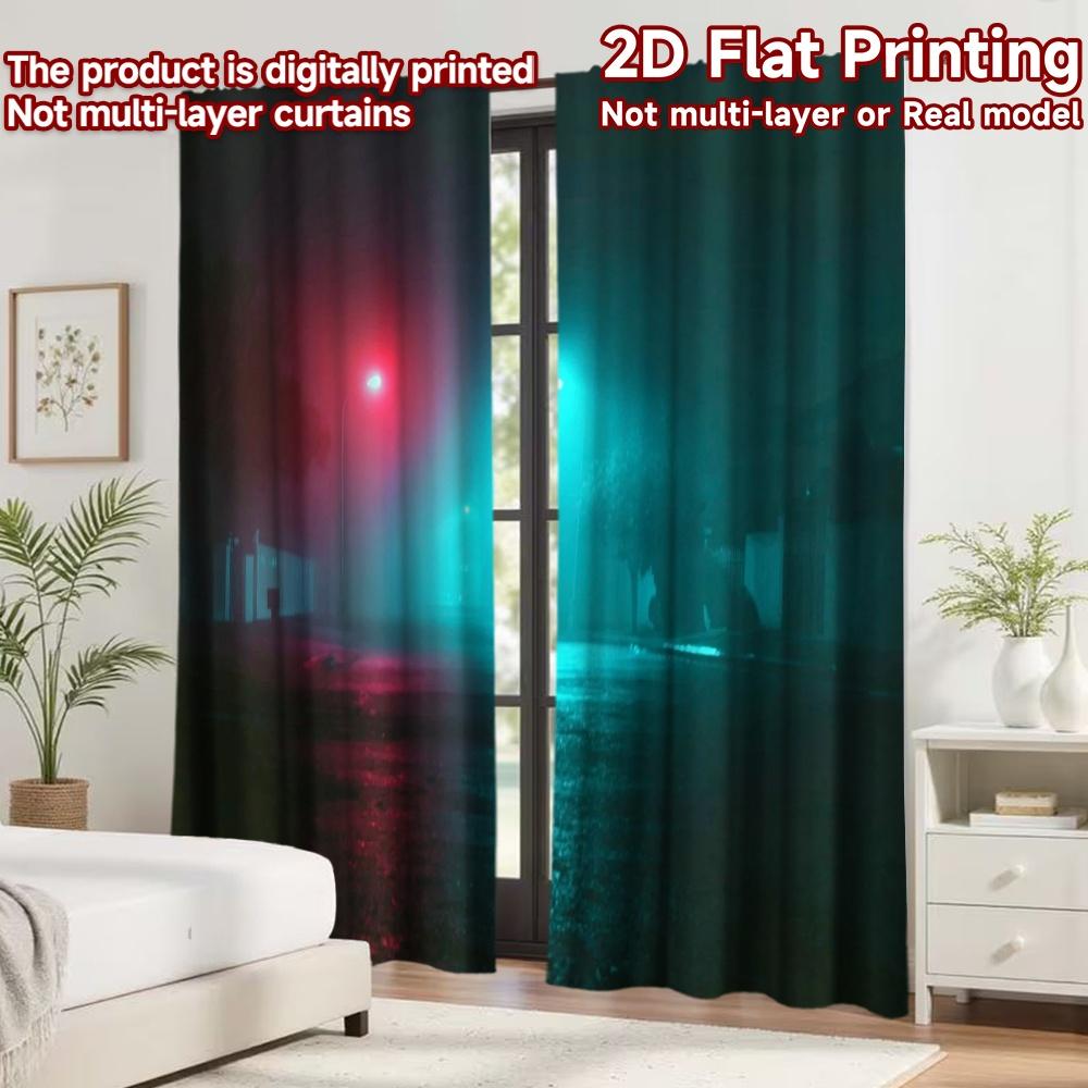 2D flat printing 2pcs Curtain Window Curtains Foggy Night Lights Digital Printed Polyester Drapes Festive Curtains Perfect for