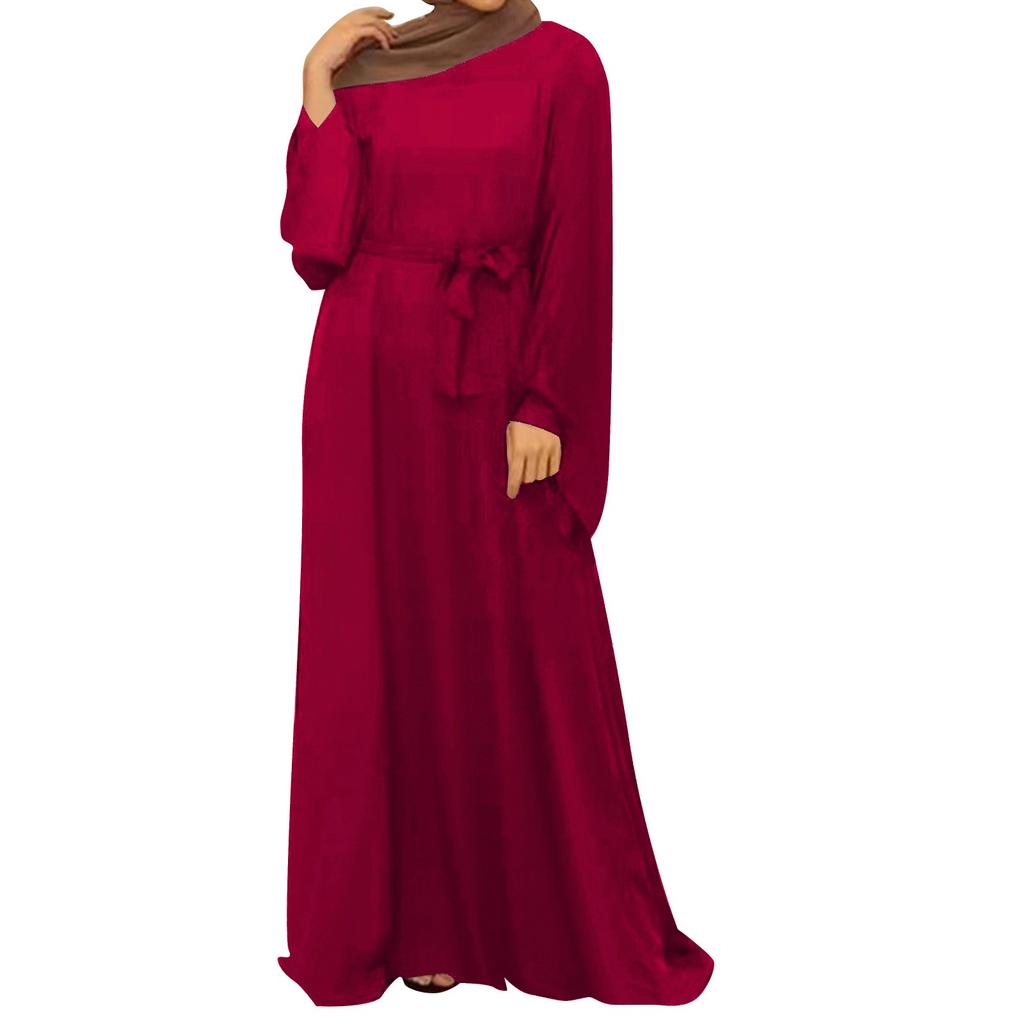 Muslim Women's Dresses Casual Long Sleeve Pullover Round Neck Hem Dresses