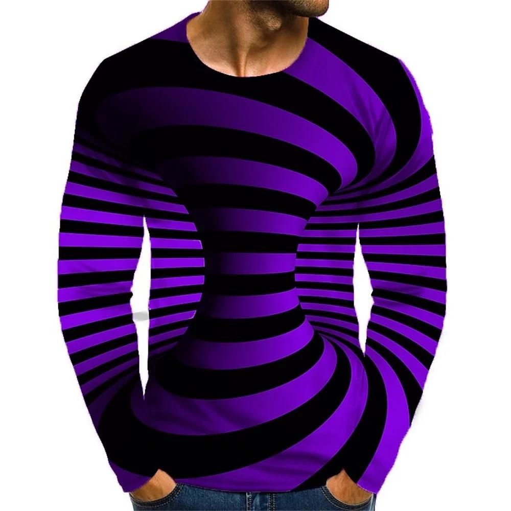 Fashionable Men's Printed T-shirt Optical Illusion Round Neck Long Sleeved Street Harajuku Exaggerated Designer Round Neck Top
