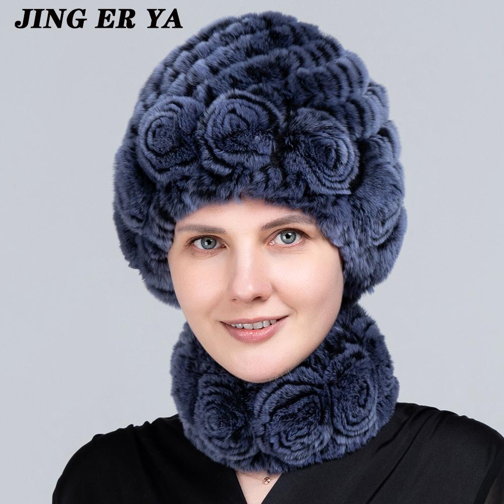 JINGERYA женская вязаная шапка из натурального меха кролика рекс, комплекты шарфов, натуральный теплый мех кролика рекс, шарфы, шапка, зимняя женская шапка из натурального меха кролика рекс, шарф