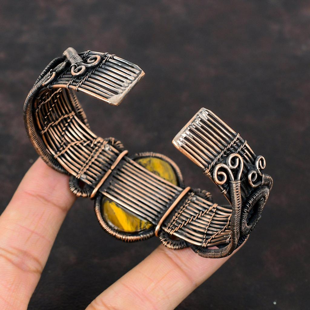 Браслет-манжета с тигровым глазом, браслет-манжета с драгоценным камнем, браслет из медной проволоки, регулируемый браслет-манжета, браслет ручной работы, свадебный подарок, медные украшения