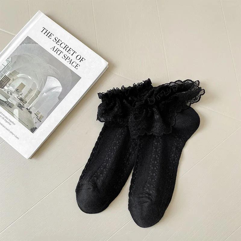 Lace Ruffle Socks Women Cute Bow Sweet Girl Lolita Kawaii Princess Socks Hollow Out Mesh Thin Breathable Black White Short Socks