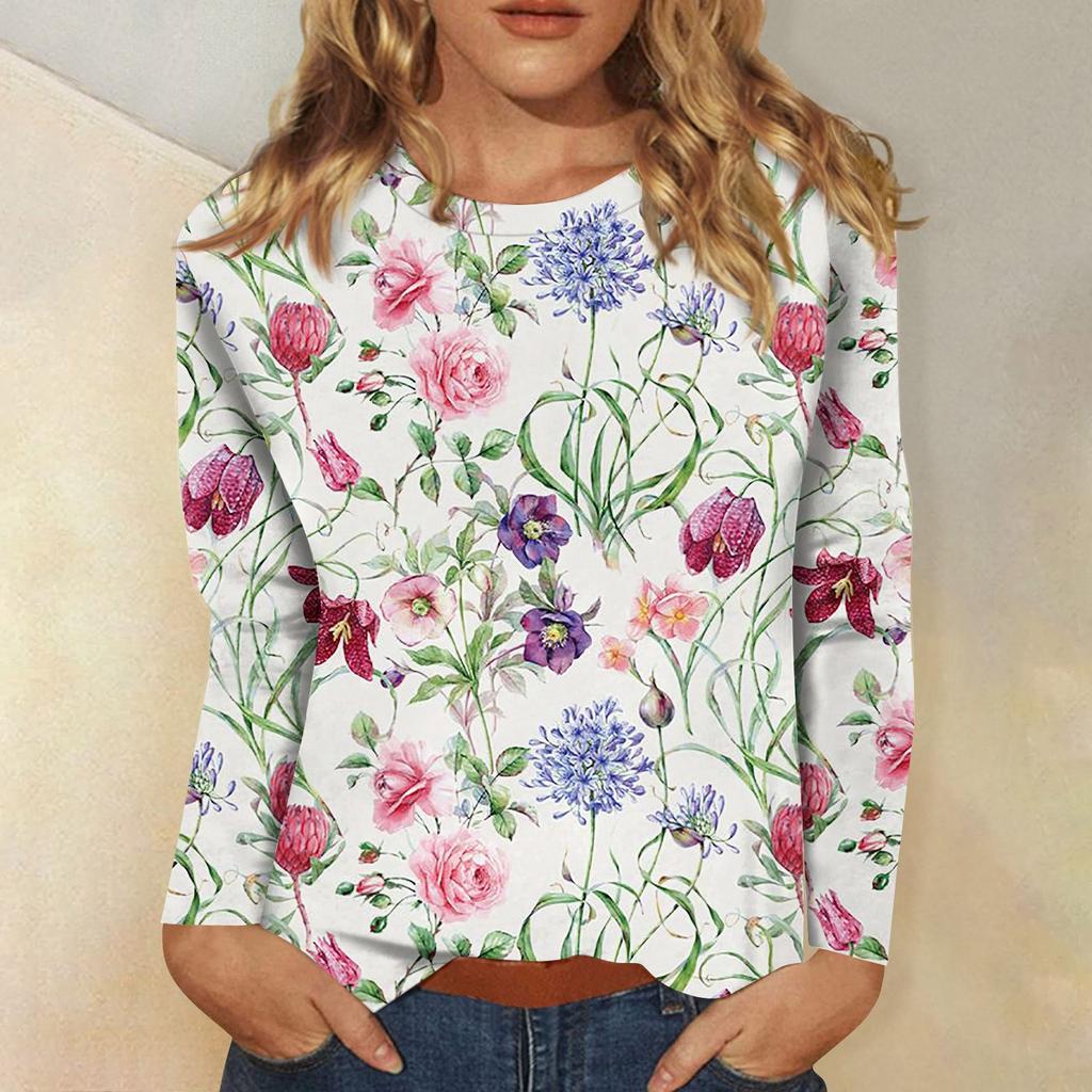Женская мода повседневный топ с длинным рукавом с цветочным принтом и круглым вырезом