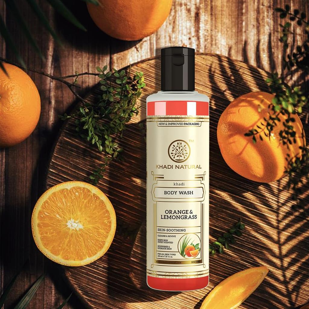 KHADI NATURAL Травяной гель для душа с апельсином и лемонграссом 210 мл, 1 шт. для всех типов кожи, Нежный очищающий гель для душа