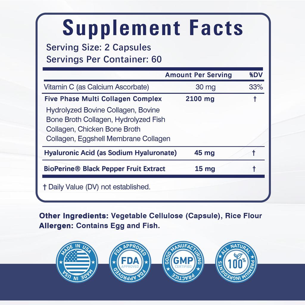 Премиальные таблетки с коллагеном для женщин - 120 капсул, 2100 мг коллагеновых добавок от коров травяного откорма (Тип I, II, III, V, X) + Витамин С, Антивозрастной, Кожа, Волосы