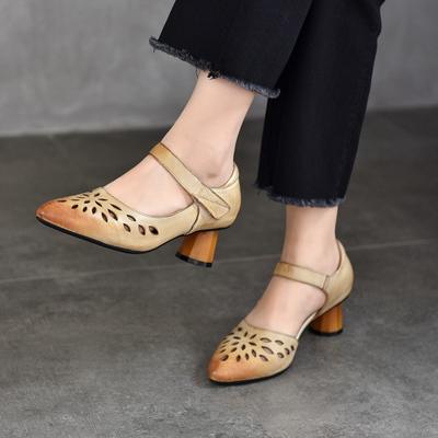 Элегантные женские сандалии из натуральной кожи с острым носком на высоком каблуке в стиле ретро