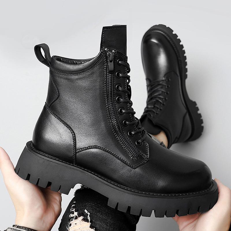 Кожаные мужские мотоботы TrendTactical Boots Ботильоны Черные уличные теплые армейские ботинки на толстой резиновой подошве