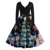 Women's Christmas Printed V-neck Large Hem Dress Long Sleeve Dress
