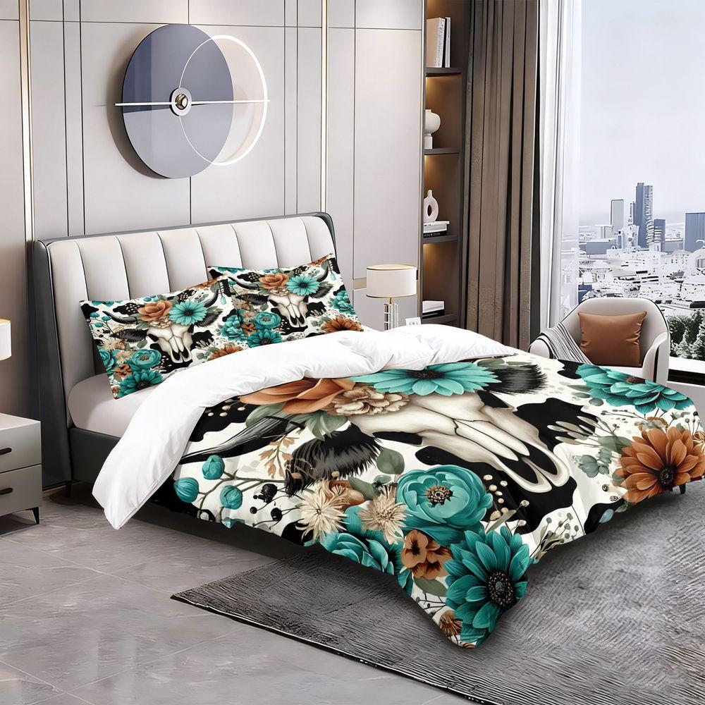 Western Boho Cow Skull Floral Duvet Cover Set (1 Duvet Cover & 1/2 Pillowcase) Soft Bedding Set for Rustic Bedroom Decor