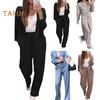 2 Pcs/Set Women Shirt Pants Set V Neck Single-breasted Long Sleeves Knitted Loose Top Drawstring Elastic Waist Wide Leg Trousers Sport Tracksuit