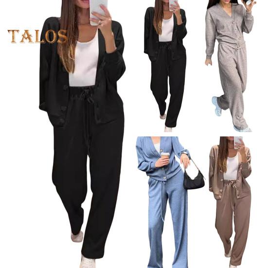 2 Pcs/Set Women Shirt Pants Set V Neck Single-breasted Long Sleeves Knitted Loose Top Drawstring Elastic Waist Wide Leg Trousers Sport Tracksuit