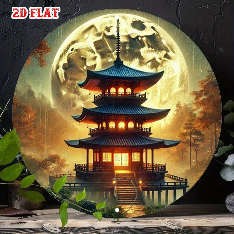 D Flat Japanese Pagoda Moon Metal Sign Vintage Oriental Temple Wall Art Retro Fantasy Landscape Tin Plaque Glowing Window Po