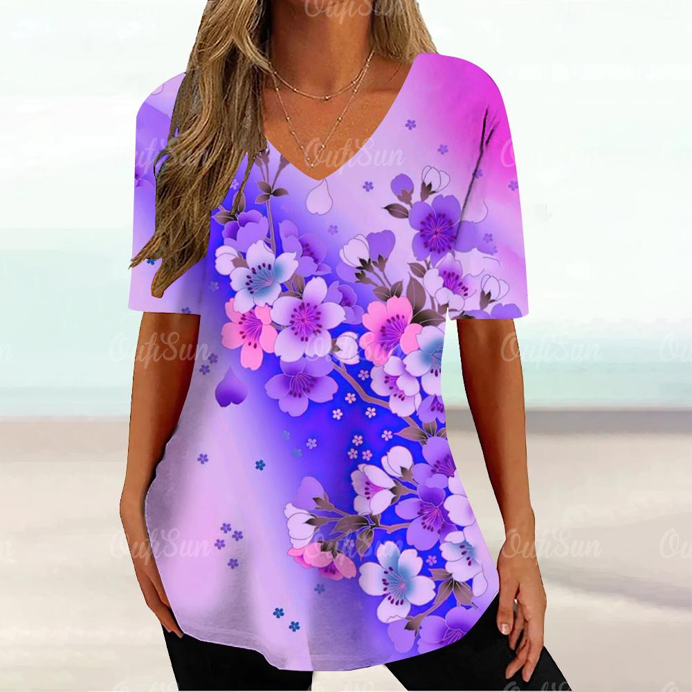Summer V-neck 3D Floral Printed Top Fashionable Casual Short Sleeved Women's T-shirts