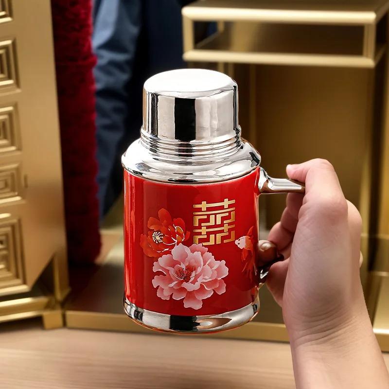 Элегантная китайская термокружка с цветочным рисунком | Винтажный вакуумный термос объемом 480 мл, термоизолированная дорожная кружка из нержавеющей стали для чая и кофе. Подарок.