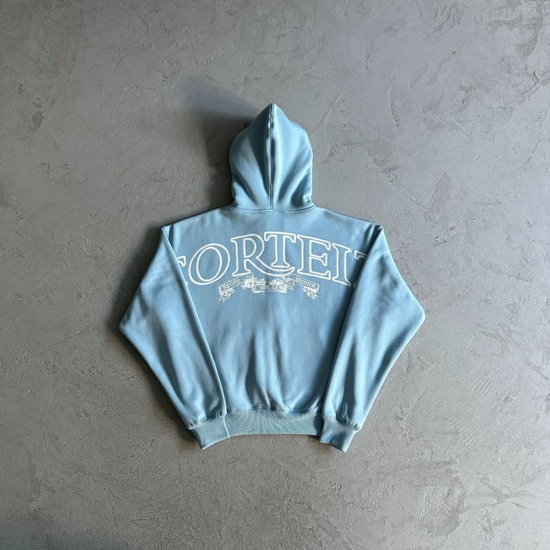 Mens Gray Hooded Zip-Up Sweatshirt Set With Graphic Print Cotton Blend Fleece-Lined Loose Fit Fall Casual Wear