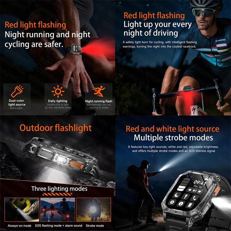 Rugged Outdoor Smart Watch 1400mAh 2.01" HD Screen Bluetooth Call GPS IP68 Waterproof Flashlight SOS Fitness Watch for Men