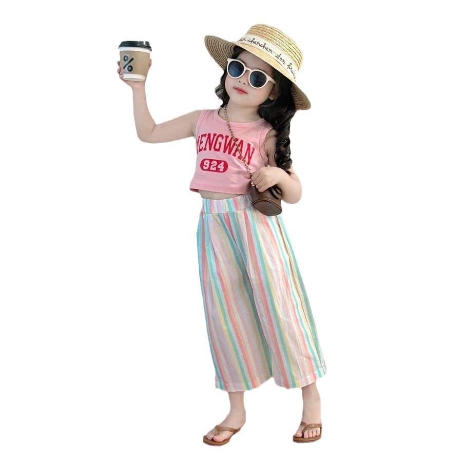 Летний комплект для девочек в корейском стиле с широкими брюками: Модный костюм-двойка с кроп-топом и жилетом.