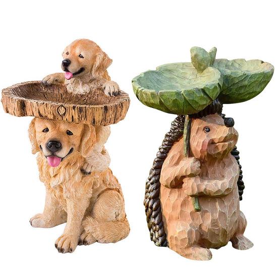 Resin Birdbath Wild Bird Feeder Cute Dog Hedgehog Garden Ornament Outside Sculpture Bases Decor for Nature Lover Yard Garden