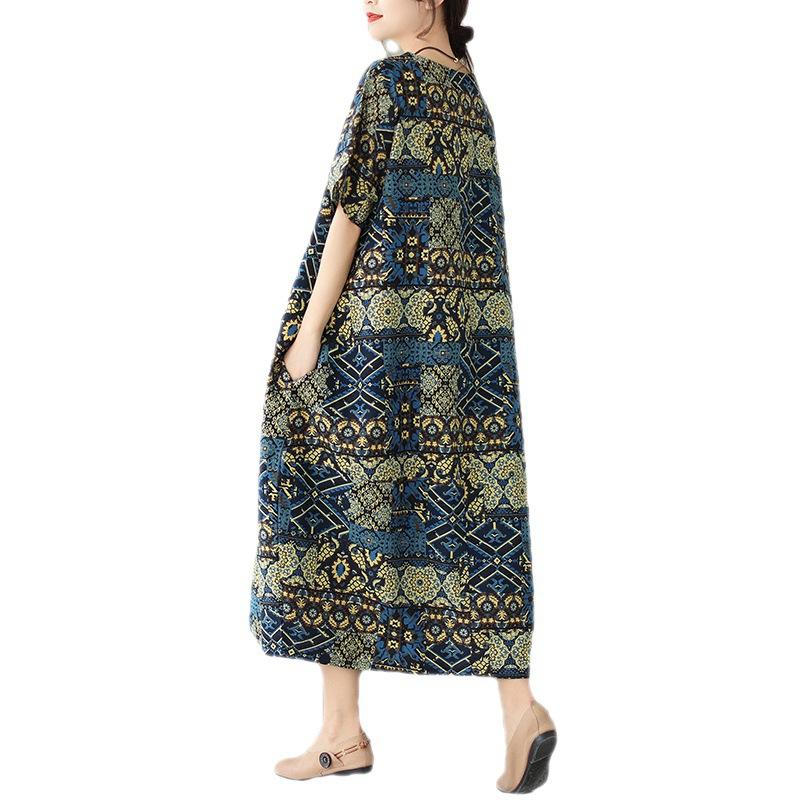 Summer Cotton Linen Art Retro Slimming Short Sleeved Dress for Women Casual Dresses