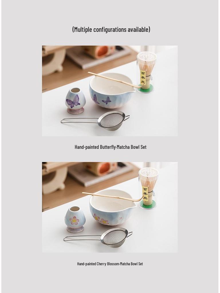 Handmade Japanese Cherry Blossom Matcha Bowl with Whisking Tool, Imitation Song Dynasty Tea Stirrer, and Hyakuhon-date Chasen Stand