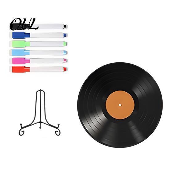 DIY Commemorative Ornaments Vinyl Record Graffiti Clock Ornament, Blank Acrylic Retro Tabletop Wall Creative Craft Projects Decor with Stand, Reusable