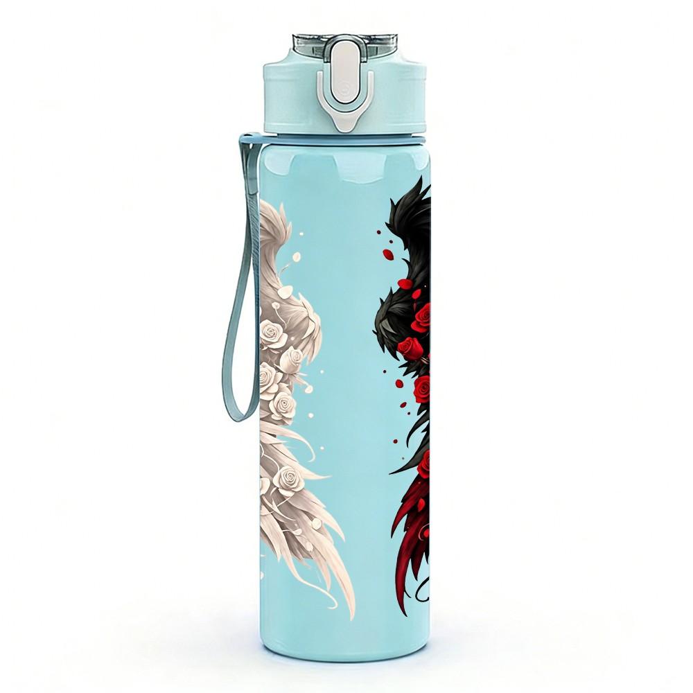 1PC Black Red Angel Wing 750ml Color Plastic Sports Water Bottle Leakproof Flip Straw Lid Suitable for Sports Office Home Use