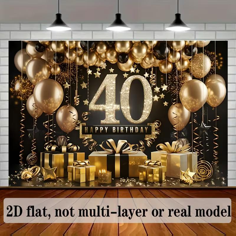 2D Black Gold 40th Birthday Backdrop Happy 40th Birthday Party Decoration Banner