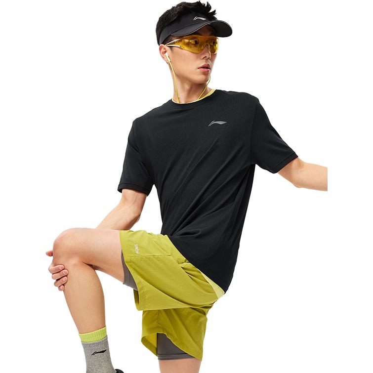 Li Ning Running Series однотонный круглый вырез пуловер дышащая футболка с коротким рукавом мужские топы черный ATSU195-1