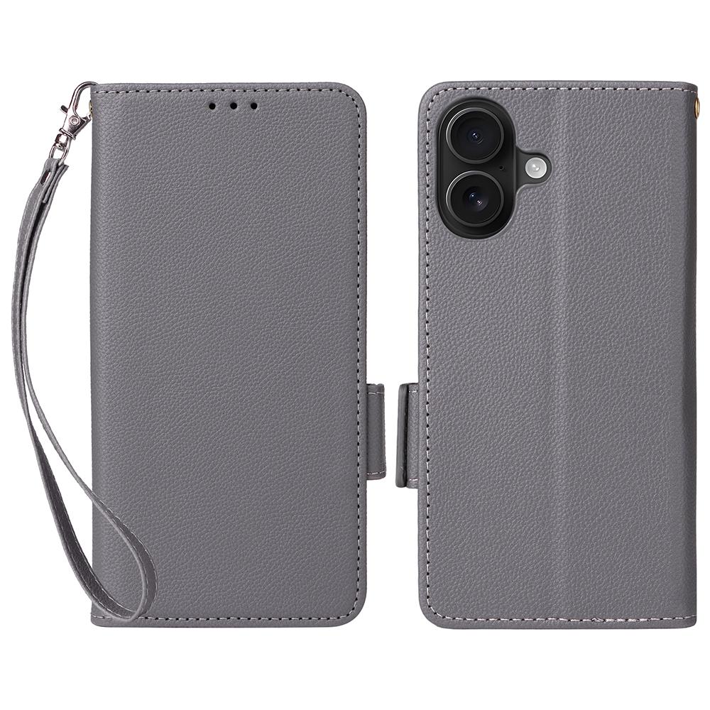 For iPhone 17 Case with Wrist Strap Litchi Texture PU Leather Wallet Phone Cover