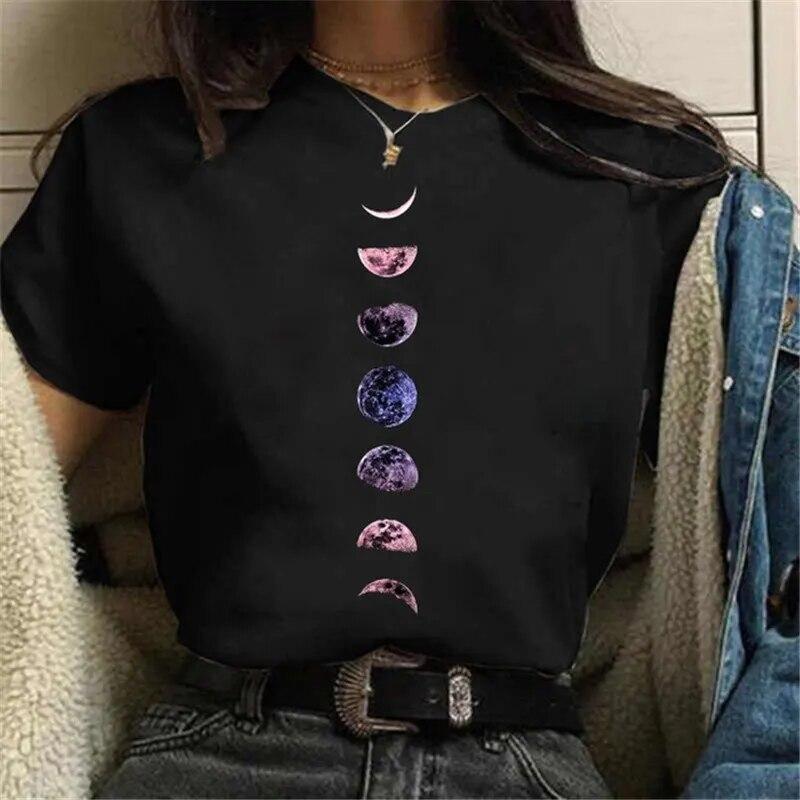 Casual Women's Round Neck T-shirt Lunar Eclipse Printed Women's T-shirt New Eclipse of the Moon Moon Style Women's White T-shirt