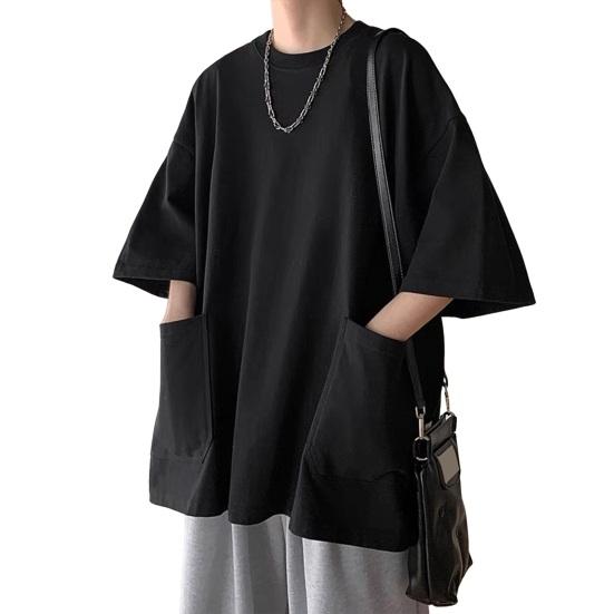 Summer Men T-shirt Round Neck Loose Mid Length Solid Color Plus Size Pockets Half Sleeves Streetwear Outdoor Top