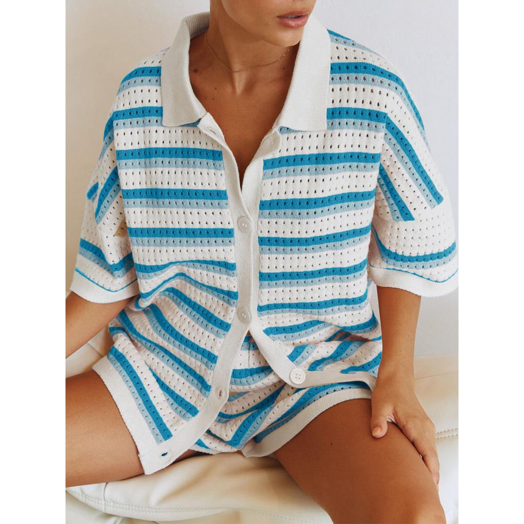 Трикотажные женские шорты из двух частей, комплекты домашней одежды, комплекты в полоску, контрастные цветные пуговицы, вязаные крючком топы и шорты, подходящие комплекты