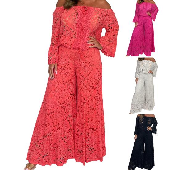 2 шт./компл. Женский комплект топ и брюки с ажурной отделкой, с открытыми плечами, свободный, длинный