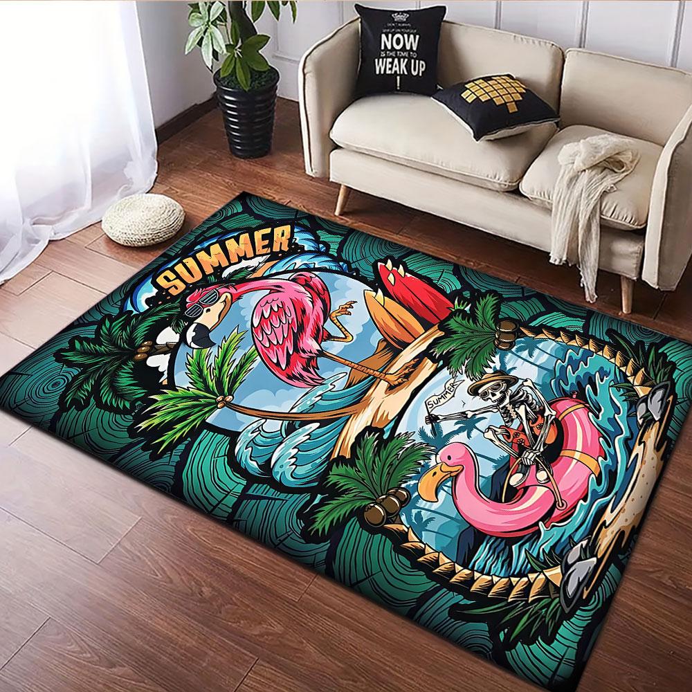 "Flamingo & Skeleton Summer Vibes" Patterned carpet, suitable as a non slip play mat for the living room and bedroom sofa