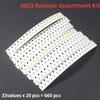 660PCS 0603 Resistor Assortment Kit 1 Ohm ~1M 33 Values*20pcs Electronic Components Kit 1k 10k 100k 680k Ohm 1% Fixed Resistor