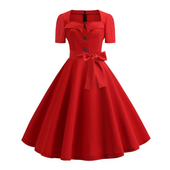 Women Dress Square Neck Short Sleeve Retro 1950s A-line Big Hem Button Decor Dot Print Color Matching Mid Waist Belted Bow Decor Midi Dress