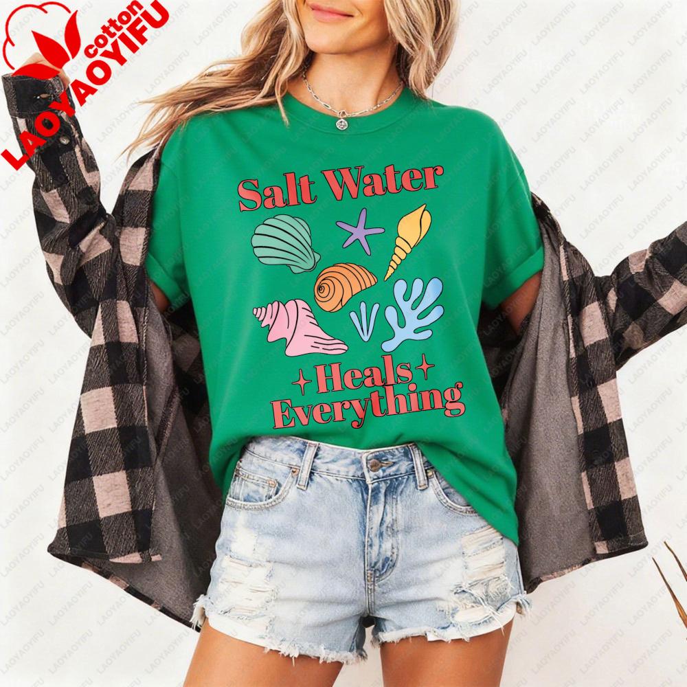 Salt Water Heals Everything Tshirt Beach Summer Casual Clothing Shell Graphic Printed Tshirt Conch Lover Gift Tee Unisex Tops