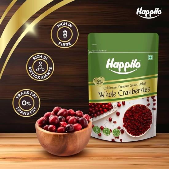 Happilo Premium Californian Dried and Sweet Whole Cranberries, 200 г | Настоящие сухофрукты | Низкокалорийно | Высокое содержание антиоксидантов и пищевых волокон