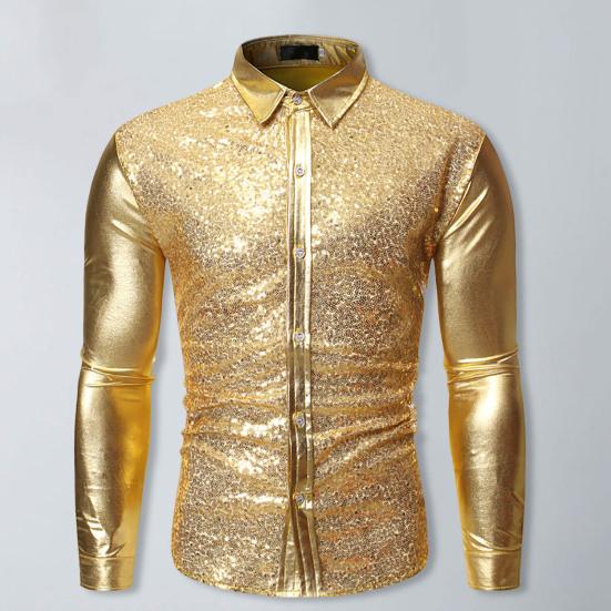 Однобортная облегающая сценическая рубашка с длинными рукавами и лацканами, Мужская рубашка с блестящими пайетками, рубашка для сценического шоу, уличная одежда