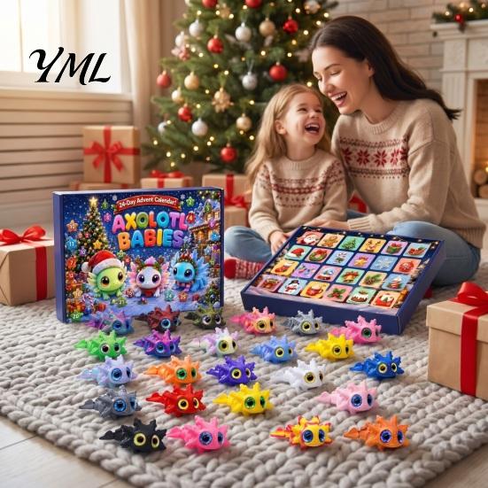 TPR Animal Party Favors Axolotl Advent Calendar 2026, 3D Printed Jointed Flexible Toys, 24 Days Kids Holiday Gift Sets Christmas Countdown with